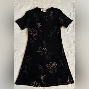 Vintage S.L. Fashions Mini Dress Women Size 4 Black Floral Sparkle Petite Fairy